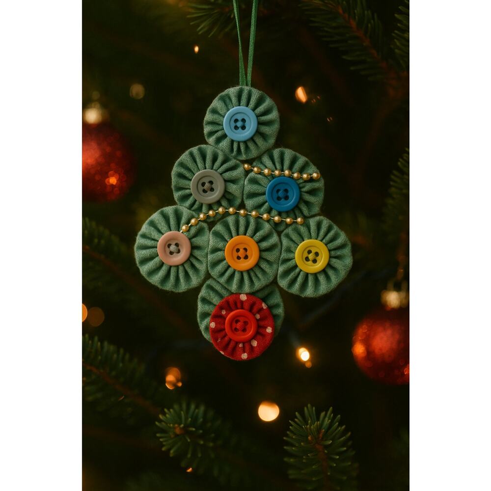 Whimsical Handmade Yo-Yo Christmas Tree Ornament Button Decor Green Red